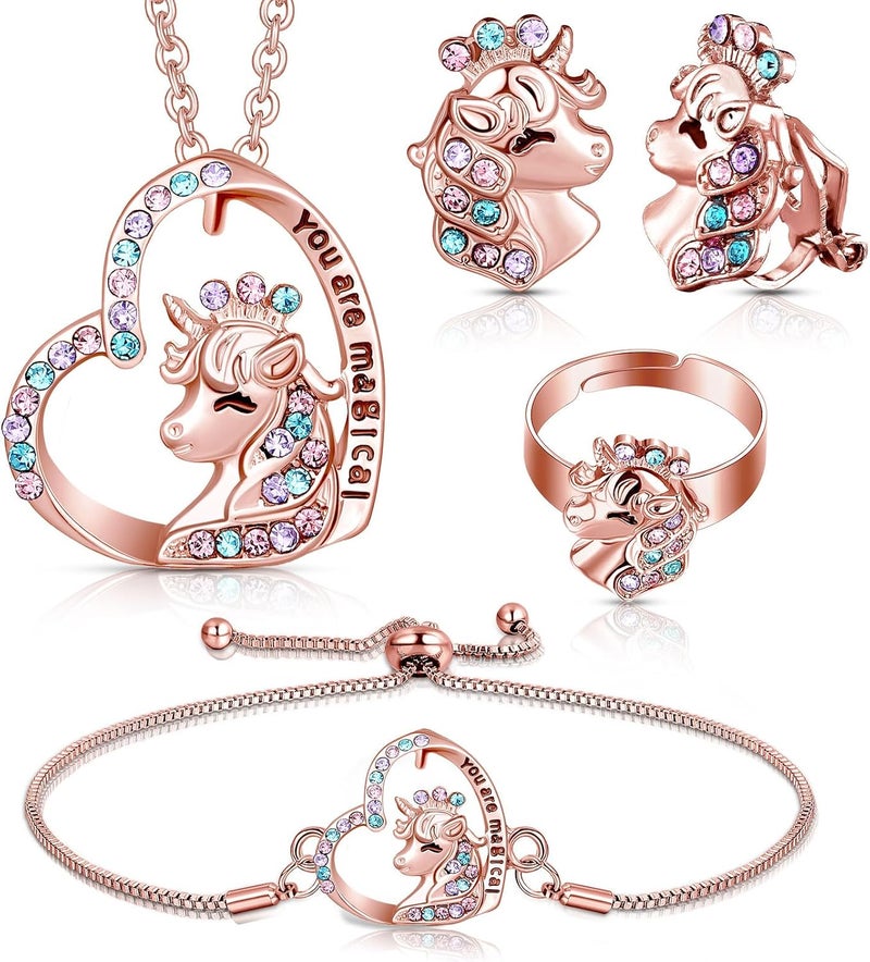 Herdear 4 Pcs Girl Unicorn Axolotl Jewelry Set Bracelet Ring Stud Earring Crystal Pendant Jewelry for Christmas Toddler Gifts - Image 1